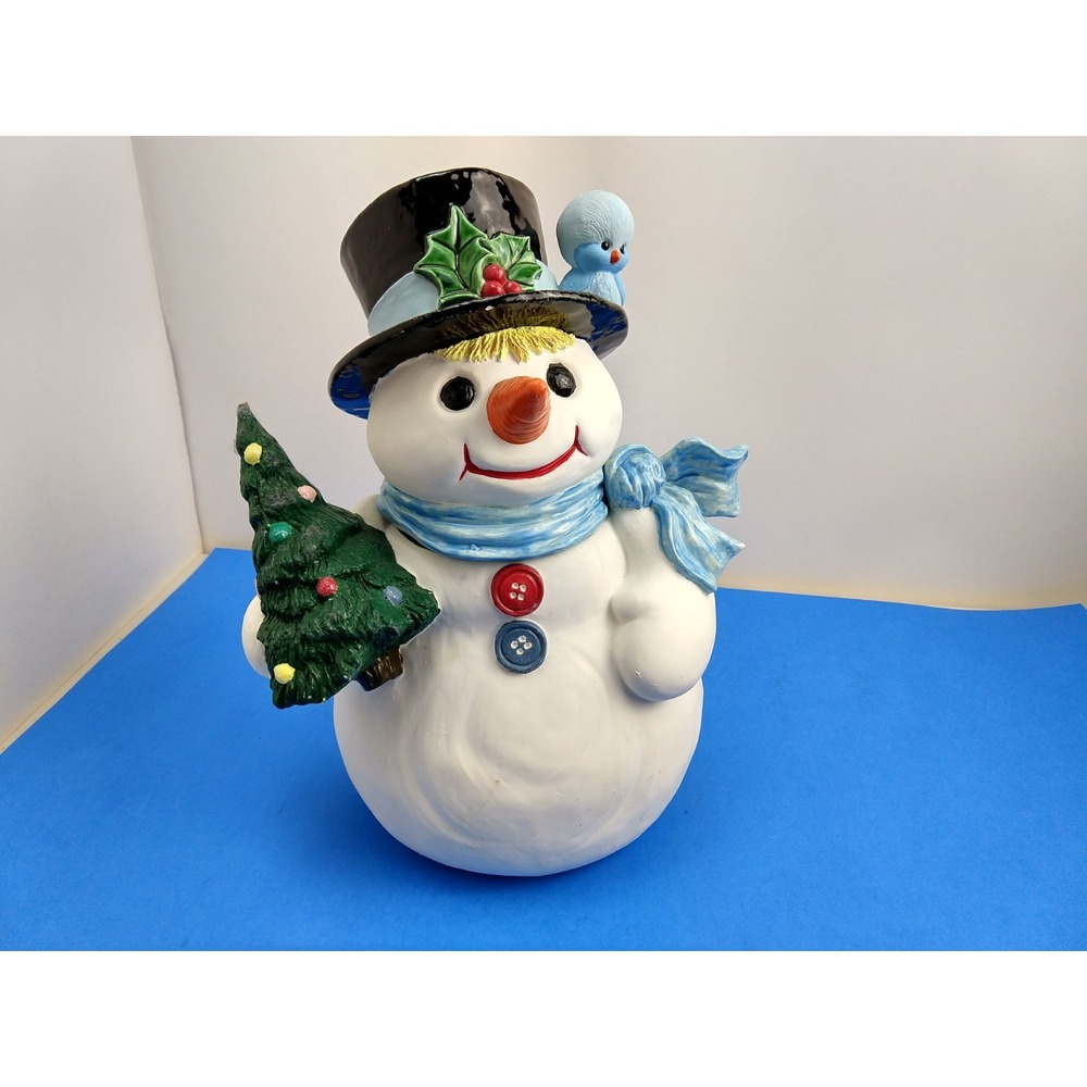 Handmade Folk Art Snowman Christmas Cookie Jar Handpainted Large